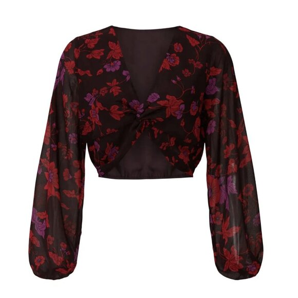 NWT Sanctuary Floral Chiffon Twist Front Crop Top w/ Balloon Sleeves - Picture 5 of 6